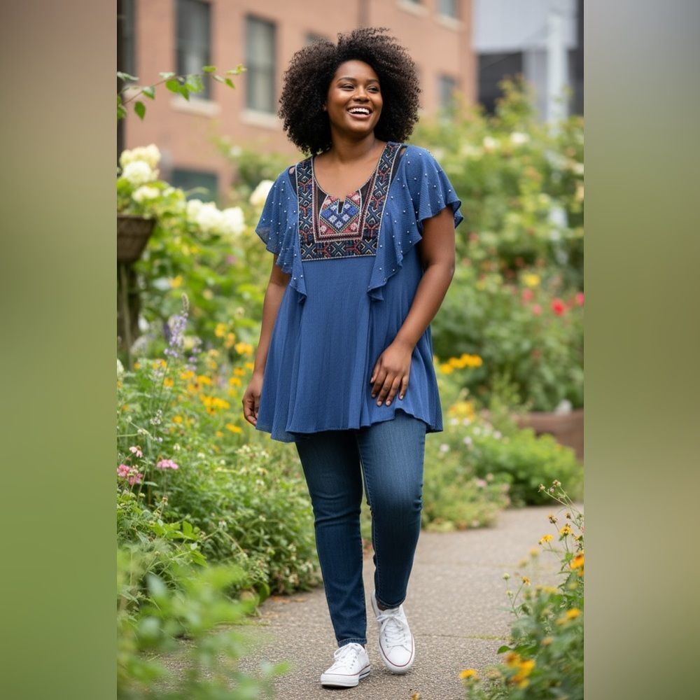 EUC V Christina Women’s Blue Embroidered Bead Detail Short Sleeve Tunic Top-  L
